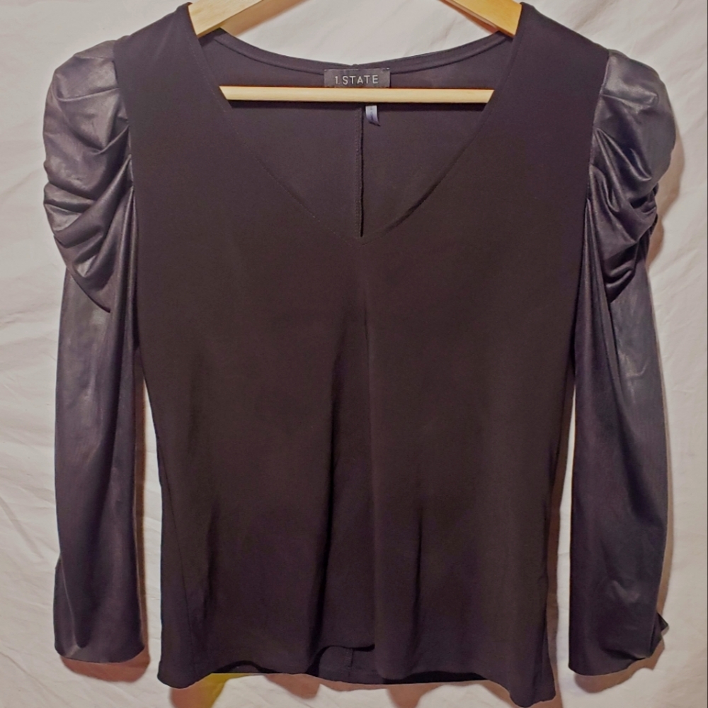 1.STATE  Ruched-Puffed- Sleeve Ladys Blouse, Size XS ,Black